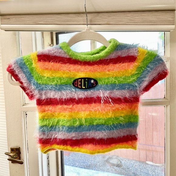 dELiA*s Fuzzy Rainbow Stripe Fur Cropped Baby Tee - Picture 1 of 4